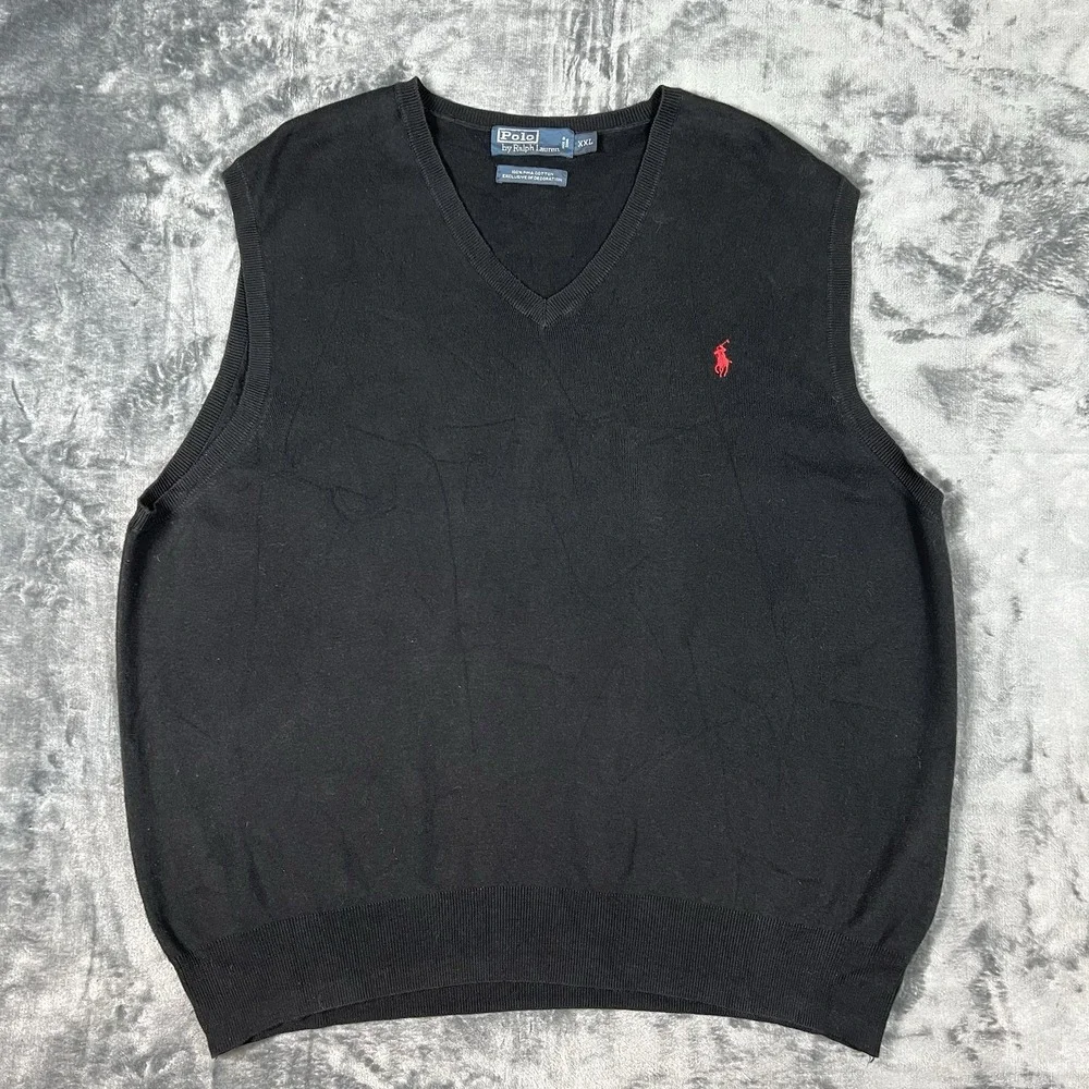 Vintage Polo Ralph Lauren 2XL XXL Black 100% Pima‎ Cotton Sweater Vest V Neck